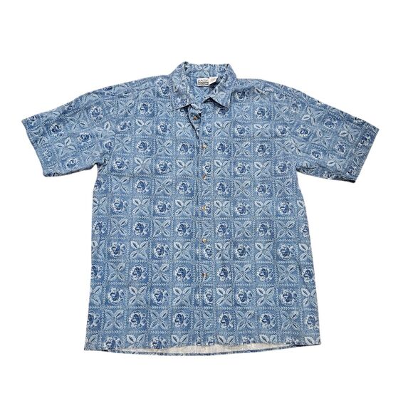 Vtg Basic Editions Floral Button Up Top Mens L Blue Hawaiian Camp 90s Y2K Cotton - Picture 1 of 9